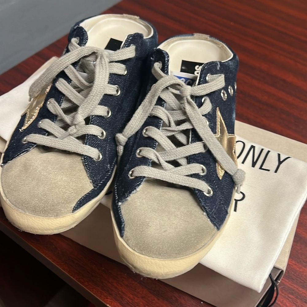 Golden Goose Navy Blue and Beige Superstar Sneakers